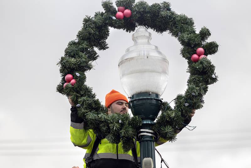 Josh Yocum gets a wreath in place Wednesday, Nov. 20, 2024, in downtown Dixon. The city will bedeck the street poles with 260 wreaths and bows.