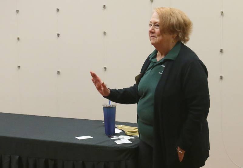 Pam Grivetti, President of the Starved Rock Foundation delivers a speech during a ribbon cutting ceremony on Thursday, May 8, 2025 at the Starved Rock Visitors Center. The Starved Rock Foundation announced the completion of significant upgrades to the Starved Rock State Park Visitor Center, just in time for the park’s busy season. The $40,000 project includes all-new lighting installations and refreshed museum exhibits, enhancements designed to create a brighter, more welcoming space that deepens the educational and immersive experience for all who visit.