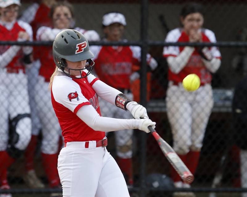 Palatine’s Jolie DeValk hits the ball during a non-conference softball game against Jacobs Monday, March 20, 2023, at Palatine High School.