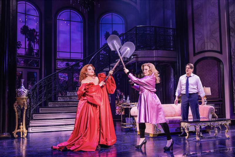 Jennifer Simard (Helen Sharp), Megan Hilty (Madeline Ashton), and  Christopher Sieber (Ernest Menville).. "Death Becomes Her"