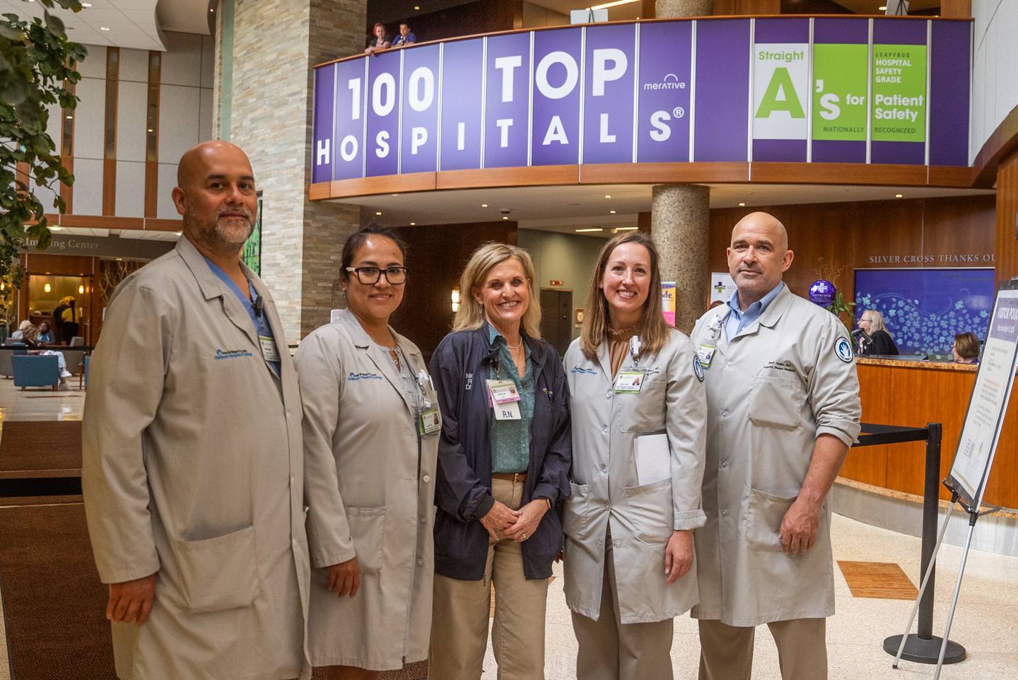 The Silver Cross NICU team was all hands on deck for baby Nyla’s arrival. Pictured, from left, neonatologists Dr. Mario Sanchez and Dr. Cristina Baumker; Peggy Farrell, director of the NICU and lactation services; Dr. Corryn Greenwood, medical director of Silver Cross’ NICU; and Dr. Brett Galley, neonatologist.