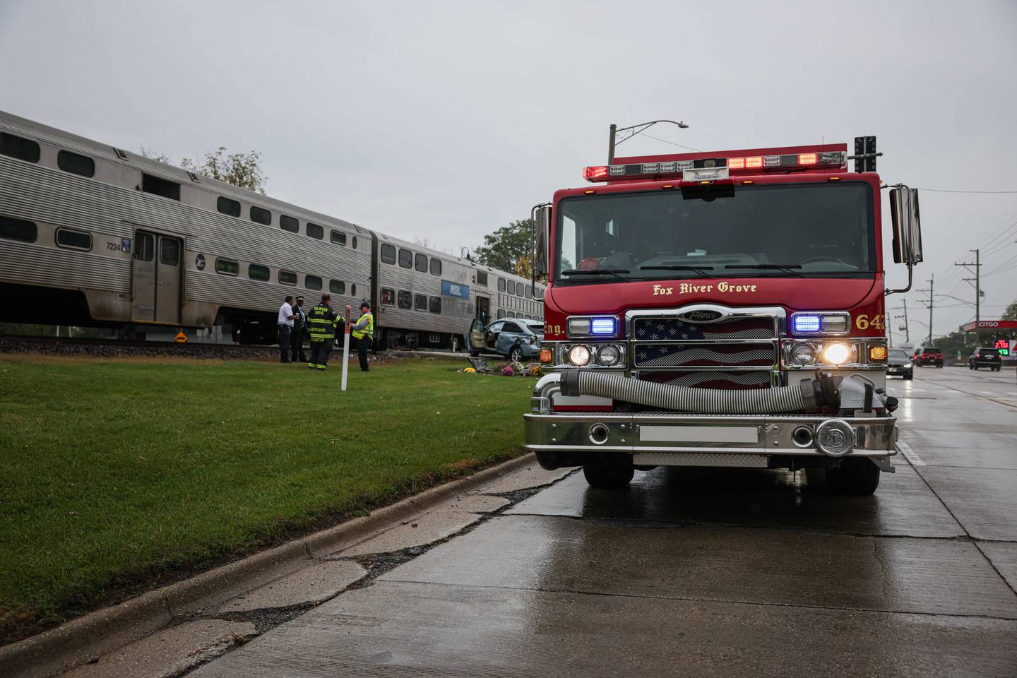 A driver suffered minor injuries after crashing into a Metra train on Oct. 13, 2025 at the intersection of Route 14 and Algonquin Road in Fox River Grove.