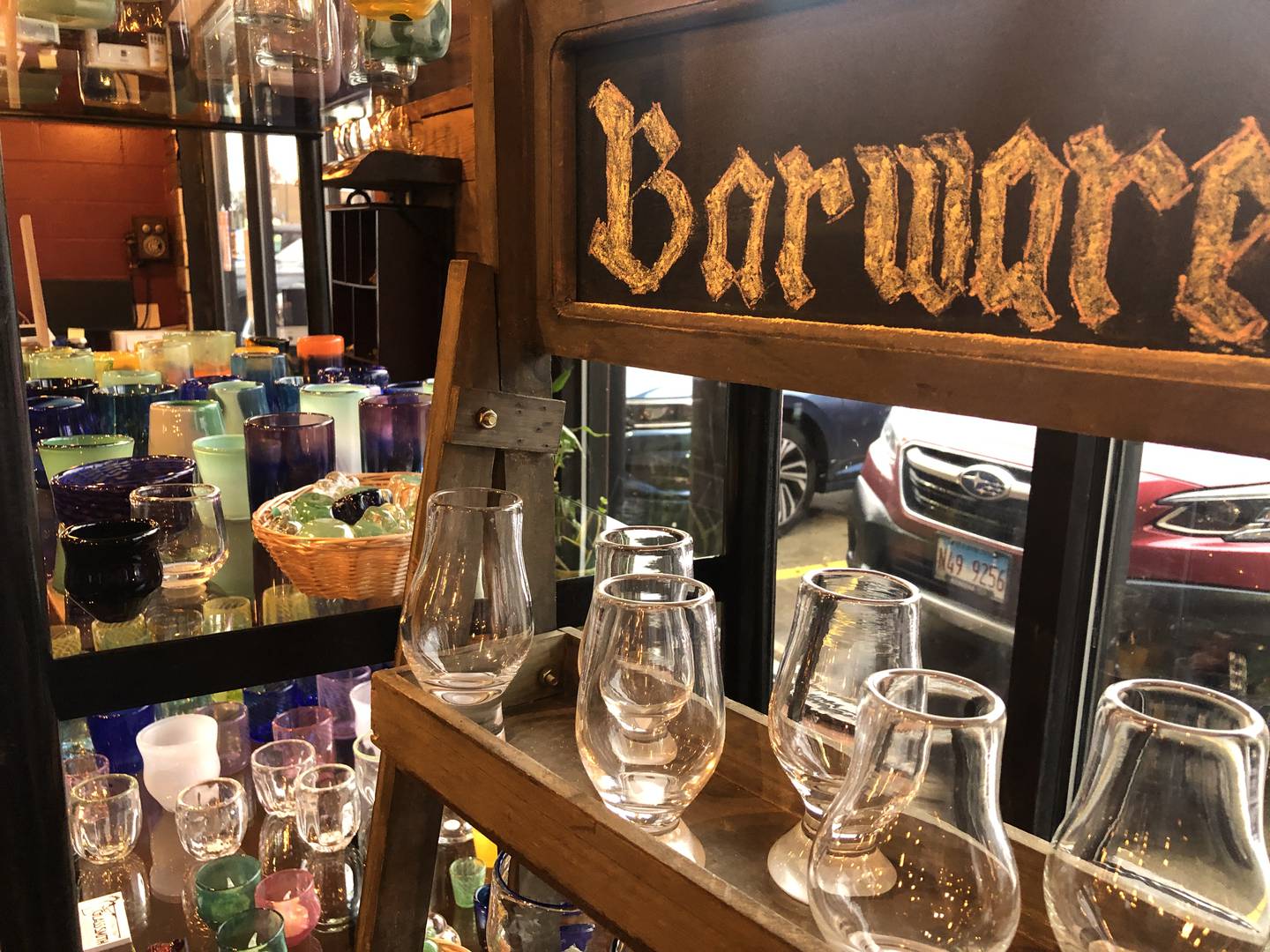 Barware that Brian Dunlavy and other artists at The Glass Smith have created are for sale at the new bar-and-glass-blowing business in downtown Richmond, seen here on Thursday, March 14, 2024.