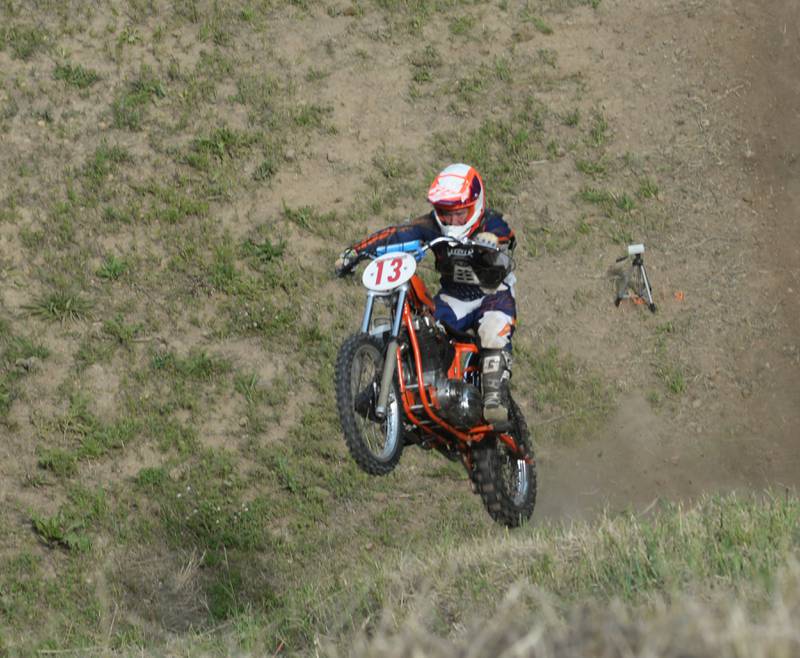 Wade Schults of Lisbon, Iowa goes airborne as he makes a run at the Rock River Riders Motorcycle Club's Father's Day Hillclimb on Sunday, June 15, 2025.