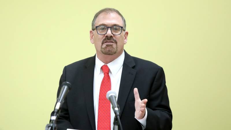 Andrew Sosnowski, a republican candidate for Kane County States Attorney, gives a statement during a press conference introducing candidates for the 2024 primary election at the Kane County Republican Central Committee headquarters in St. Charles on Wednesday, Jan. 3, 2024.