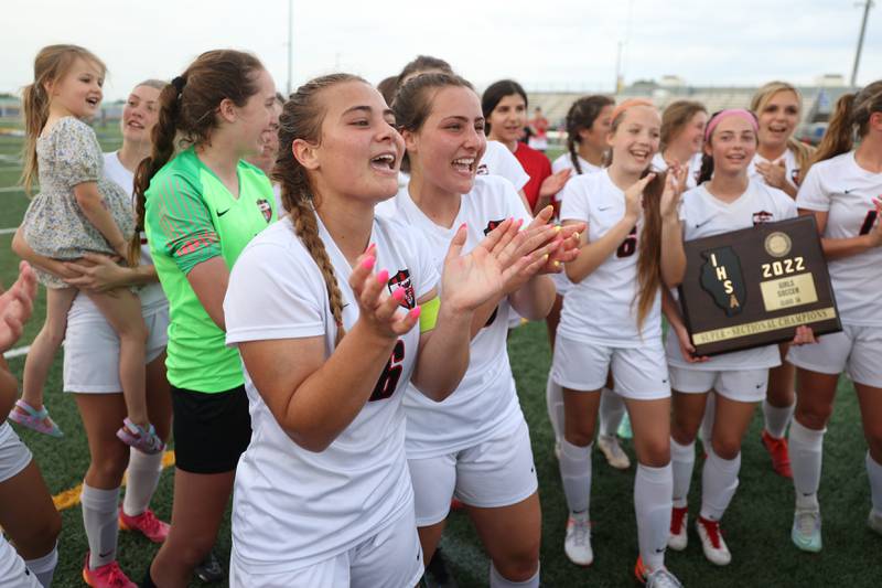 Lincoln-Way Central Grace Gundhofer (16) leads the team in the school song after their 2-1 win over Glenbard West in the Class 3A Sandburg Super-sectional. Tuesday, May 220, 2022 in Orland Park.