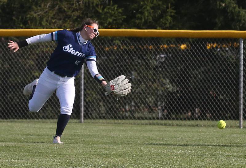 Bureau Valley's Katelyn Stoller chases after a ball in the outfield against Princeton on Thursday, April 25, 2024 at Bureau Valley High School.