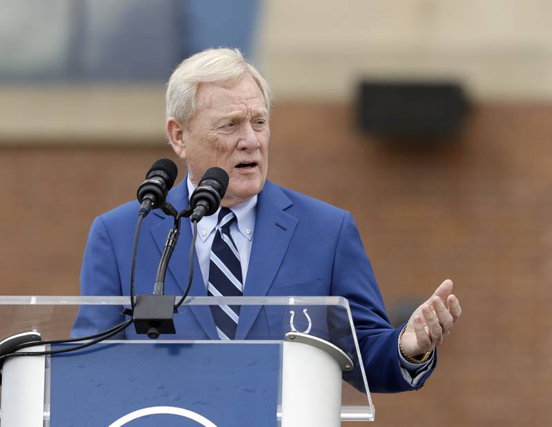 Former Indianapolis Colts president and vice chairman Bill Polian speaks during the unveiling of a Peyton Manning statue outside of Lucas Oil Stadium, Saturday, Oct. 7, 2017, in Indianapolis.
