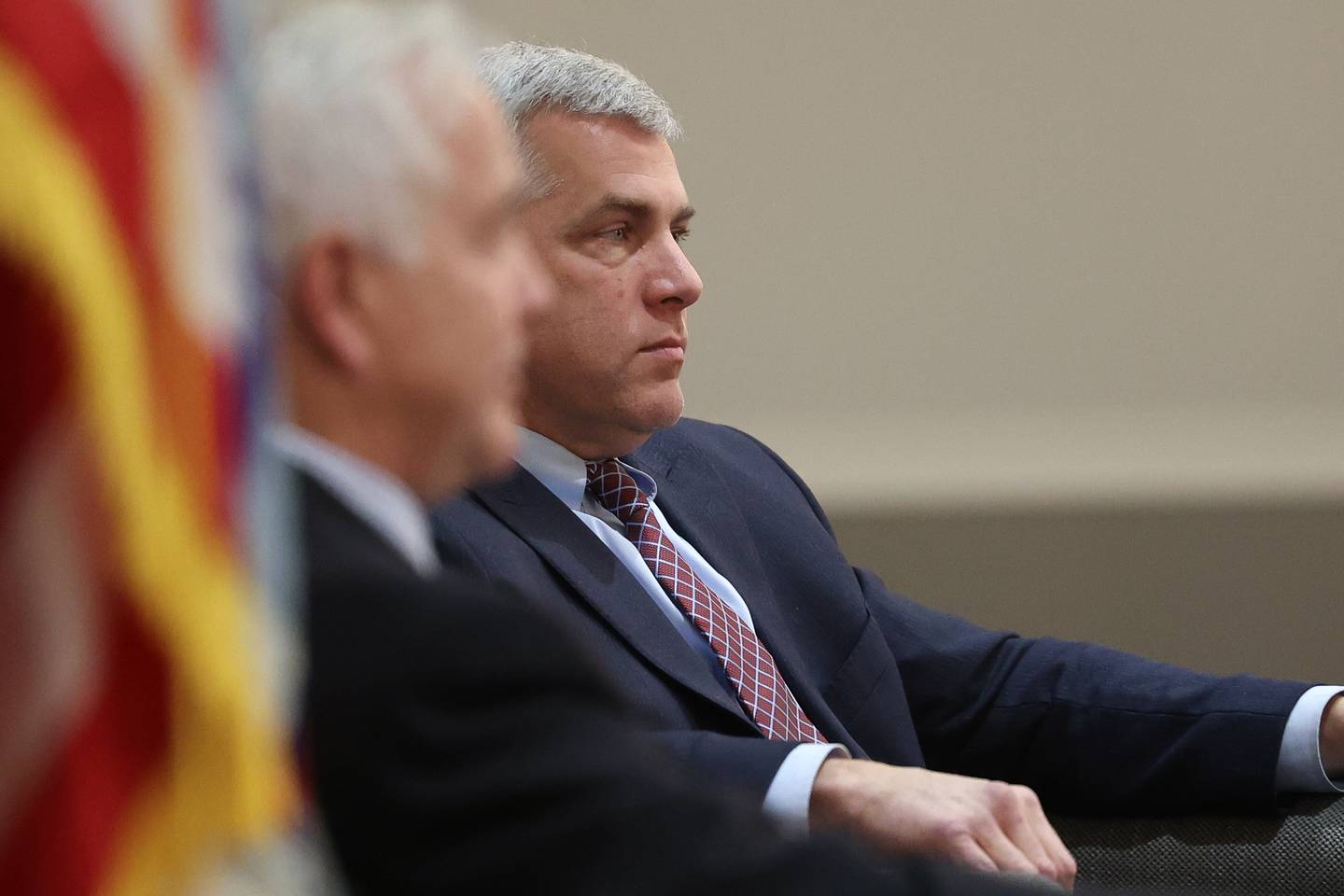 Mayor Bob O’Dekirk sits with mayor candidate Terry D’Arcy as Tycee Bell answers a question at the Joliet Mayoral Candidate Panel luncheon hosted by the Joliet Region Chamber of Commerce on Wednesday, March 8th, 2023 at the Clarion Hotel & Convention Center Joliet.