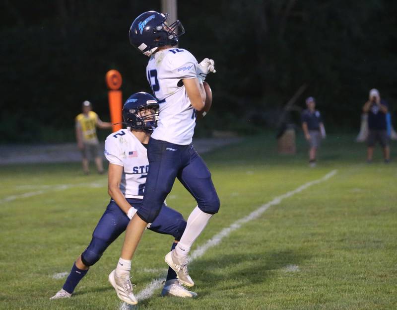 Bureau Valley's Brandon Carrington misjudges the ball as it bounces off of him on a kickoff as teammate Tucker Shane looks to recover it while playing St. Bede on Friday Aug. 29, 2025 at St. Bede Academy.
