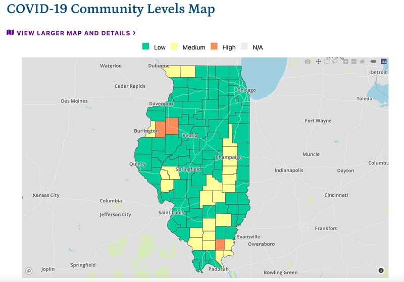 The current COVID-19 community levels map as of Friday, October 21, 2022, according to the Illinois Department of Public Health