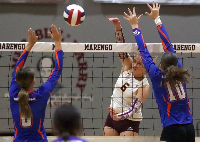 Richmond-Burton’s Elissa Furlan sends the ball over the net against Genoa-Kingston in IHSA Class 2A Regional Title Game volleyball action on Thursday, Oct. 31, 2024, at  Marengo High School  in Marengo.