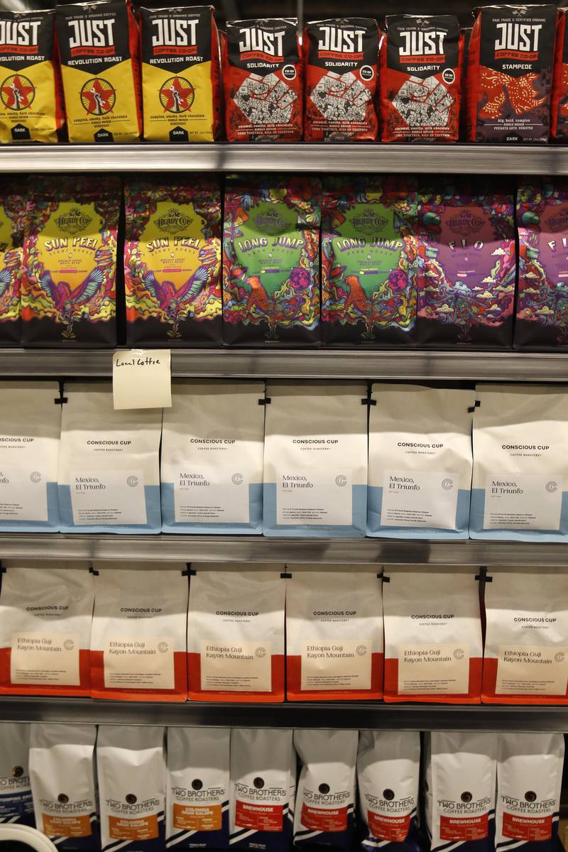 Local coffee for sale at the Food Shed, McHenry County's first co-op grocery store, on Friday, May 10, 2024, The he store opens on May 15.