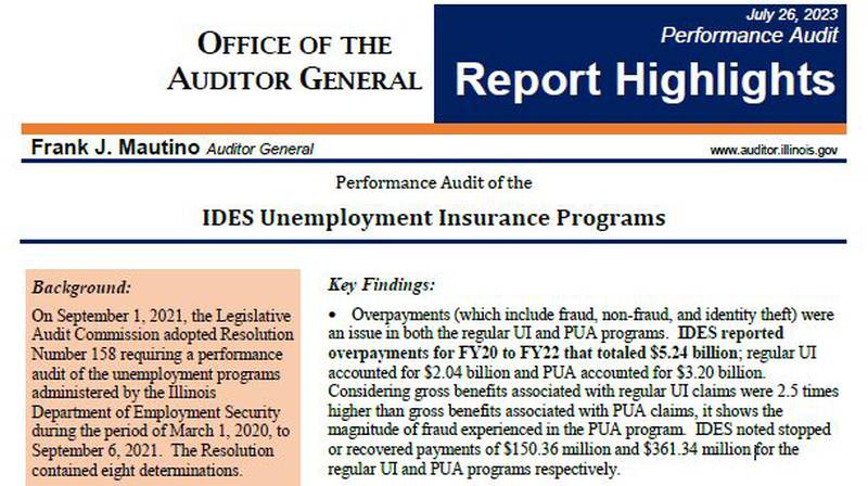 A screenshot shows the main finding of a state audit of unemployment fraud that occurred amid the COVID-19 pandemic.