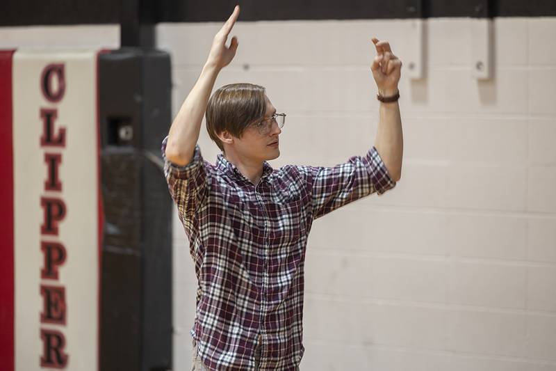 Amboy Junior High Pep Band director Avery Kerley leads his band Tuesday, Feb. 3, 2026, at half time of the fifth and sixth grade girls basketball game. The band has been invited back, for the fourth year in a row, to play halftime at the IESA 8th grade boys basketball finals.