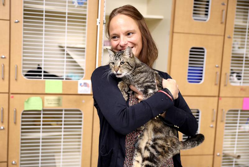 Hinsdale Humane Society Executive Director Jacki Rossi snuggles Mr. Snacks at the animal shelter.