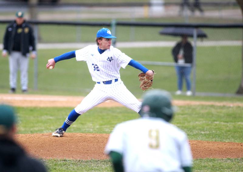 Geneva's Miles Dibble pitches during a game against Waubonsie Valley on Wednesday, April 9, 2025 in Geneva.