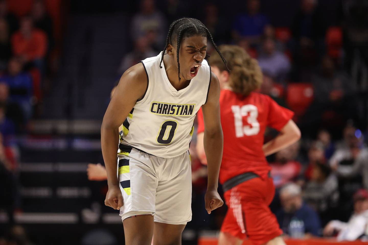 Yorkville Christian’s K.J. Vasser reacts after hitting a three point shot against Liberty in the Class 1A championship game at State Farm Center in Champaign. Friday, Mar. 11, 2022, in Champaign.