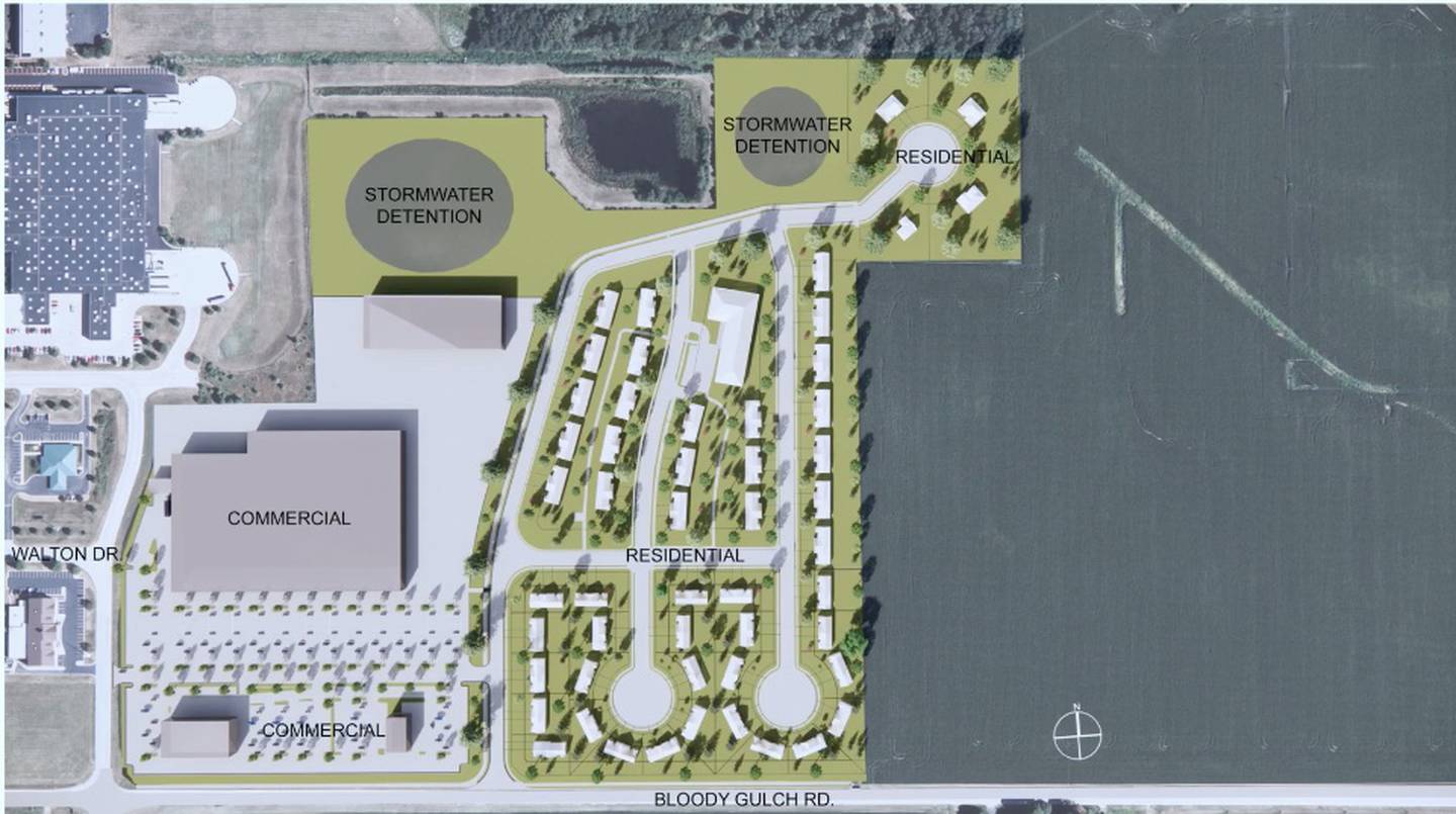 A mock up design shows what the new 65-acre property could look like in future years with half of it being utilized for continued commercial retail development and the other for residential housing.