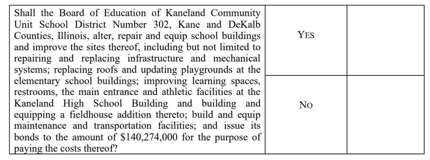 Voters in Kaneland School District 302 will have this question on their ballot in the April 1 consolidated election. District officials pledge that new debt will be restructured with current debt so improvements can be made without raising taxes