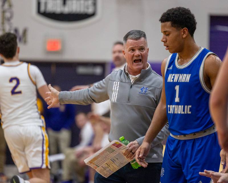 Newman's Head Coach Ray Sharp, yells at Tyson Williams after being subbed out of dame during game against Mendota on Friday, January 30, 2026 at Mendota High School in Mendota.