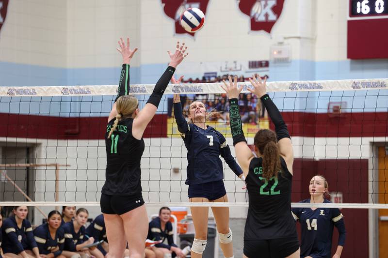 Lemont's Fiona Tkach looks to tip the ball over Providence blockers during Providence's victory in two sets, 25-25, 25-18, over Lemont in the IHSA Class 3A Kankakee Sectional championship on Thursday, Nov. 6, 2025.