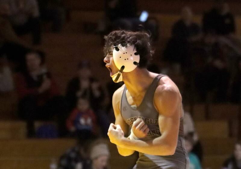 Jacobs’ Enrique Garcia celebrates after winning against Crystal Lake Central’s Peyton Ramsey at 120 pounds in varsity wrestling on Thursday, Jan. 16, 2025, at Jacobs High School in Algonquin.