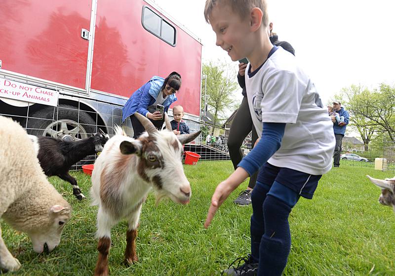 Children including Levi Pankner of Downers Grove enjoy feeding goats inside the petting zoo during the Country in the Park held at the Downers Grove Museum Saturday May 6, 2023.