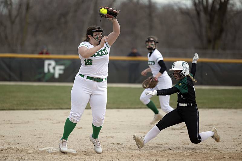 Rock Falls’ Zoe Morgan makes the catch at third for an out against North Boone Monday, April 3, 2023.