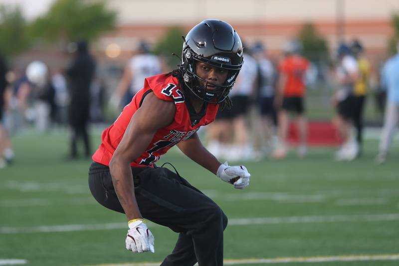 Bolingbrook’s Kenyon Rodgers runs a defensive drill at the IHSA Southwest Suburb Showcase combine on Thursday, May 7, 2026 at Plainfield North High School.