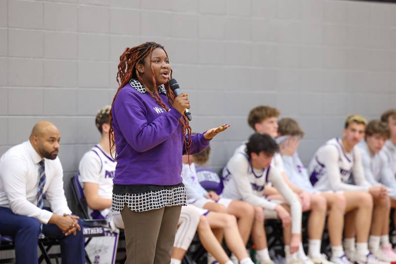 Harbor House prevention advocate Stephanie speaks to the crowd as Manteno and Bishop McNamara hosted Safe Harbor Night, collecting donations during their game to benefit Harbor House on Tuesday, Jan. 13, 2026.