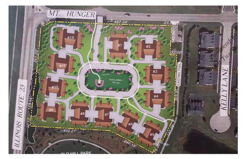 A rendering of the proposed active-adult housing development proposed near the intersection of Route 23 and Mt. Hunger Road in Sycamore.
