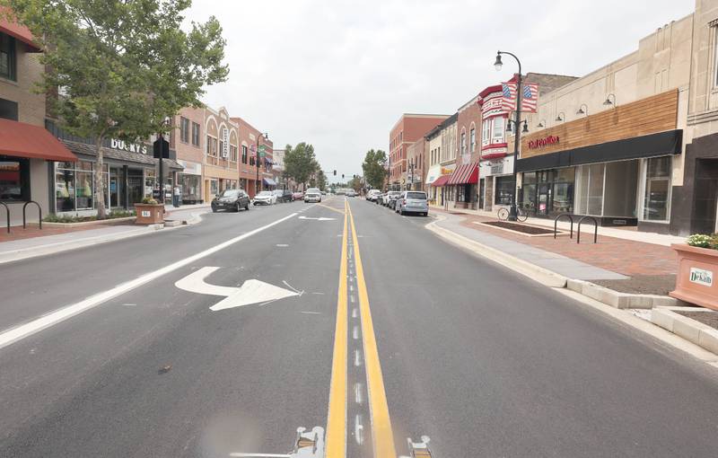 Lincoln Highway Thursday, Aug. 25, 2022, from Third Street looking west after the recent downtown DeKalb renovations.