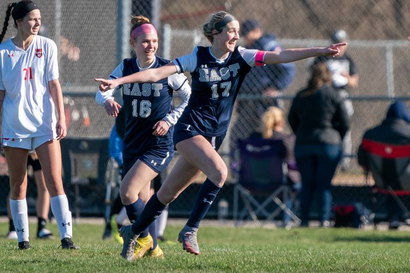 Oswego East's Erika Smiley (17) smiles after scoring a goal against Oswego during a soccer match at Oswego East High School on Thursday, Apr 6, 2023.