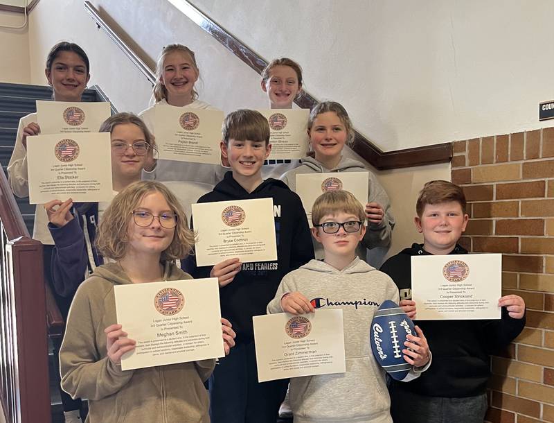 The third quarter recipients are fifth graders Ella Stocker, Cooper Strickland, Emily Jaeger and Grant Zimmerman; sixth graders Bryce Cochran and Lenora Hopkins; seventh graders Jocelyn Strouss and Payton Brandt; and eighth graders Brinley Kloepping and Megan Smith.