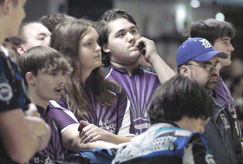 Dixon  bowlers watch as teammates bowl Saturday at Plum Hollow. Oregon hosted the boys bowling sectional Saturday, Jan. 25, 2025 at Plum Hollow in Dixon.