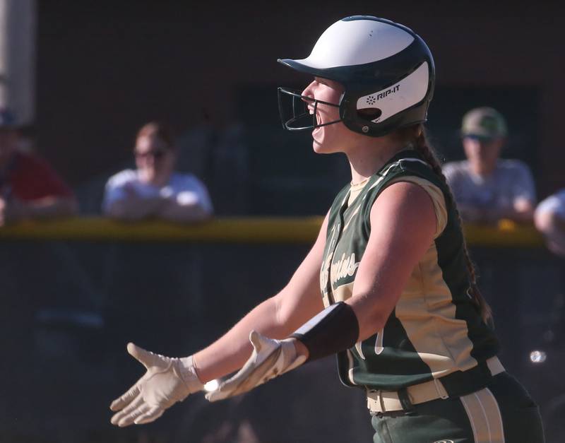 St. Bede's Madelyn Torrence reacts while getting base against Biggsville in the Class 3A Sectional championship game on Friday, May 26, 2023 at St. Bede Academy.