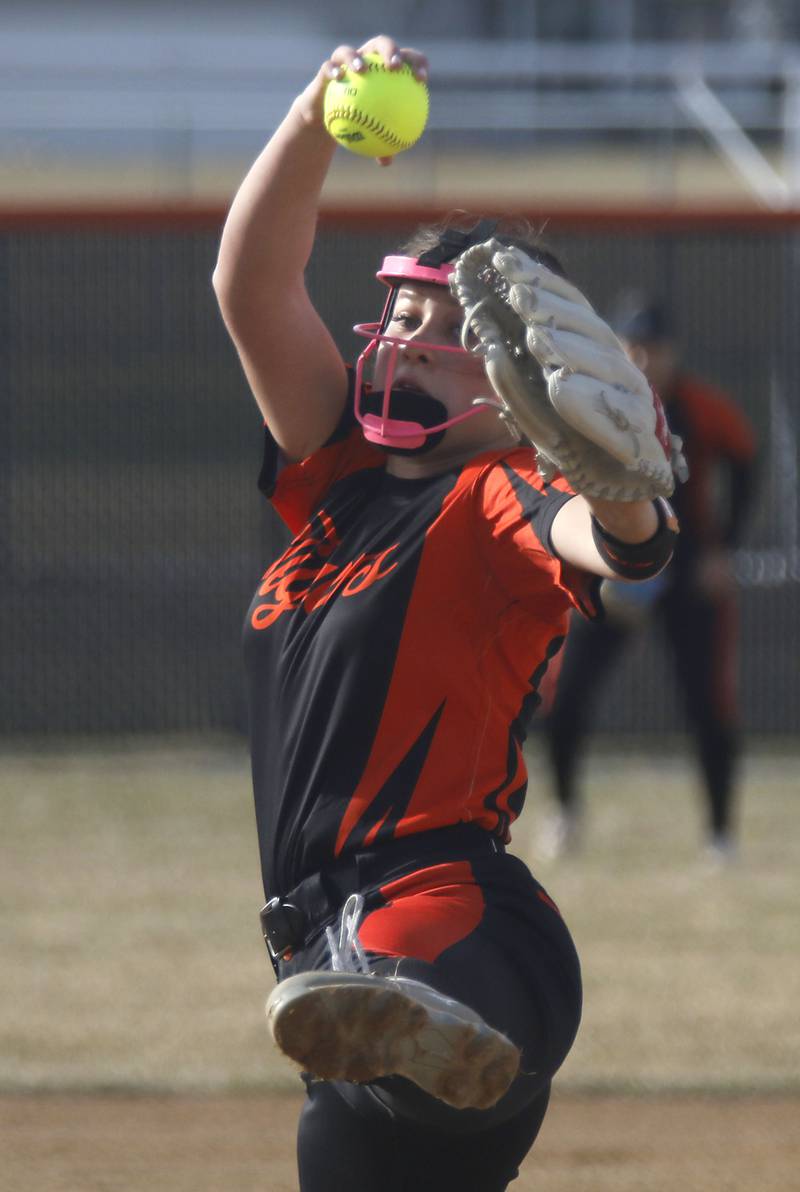 Crystal Lake Central's Oli Victorine throws a pitch during a nonconference softball game against Wauconda on Friday, March 20, 2026, at Crystal Lake Central High School.
