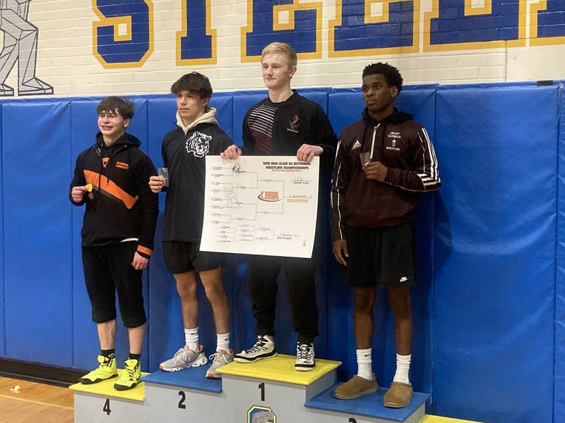 The top four place winners at the Joliet Central Sectional. From left, Cole Gentsch of Normal, Aidan Durell of Plainfield North,  Isaac Zimmerman of Lockport and Jason Hampton of Joliet Catholic.
