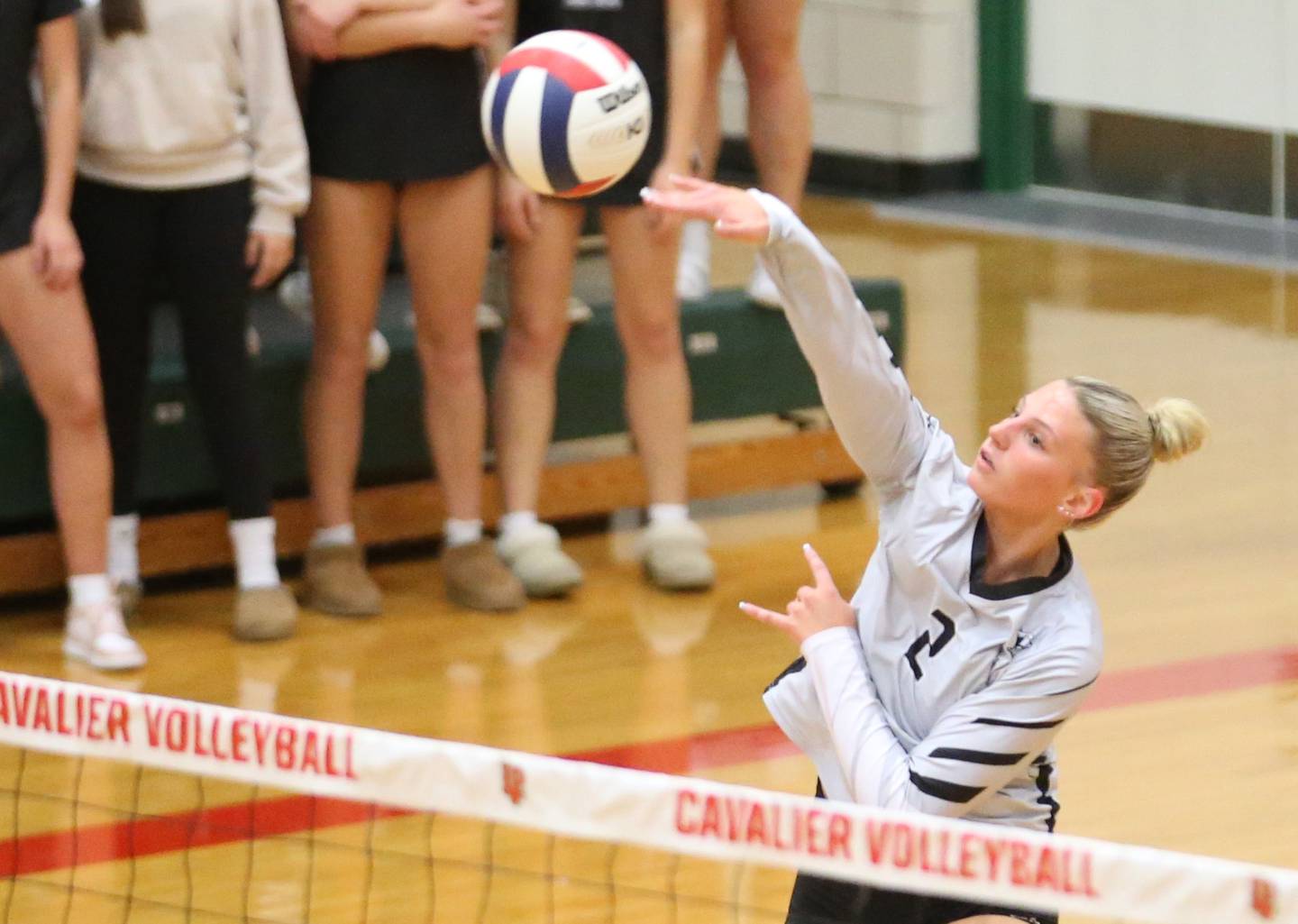 Kaneland's Audrey Peters sends the ball to the L-P side of the net in AJ Sellett Gymnasium on Thursday, Oct. 24, 2024 at L-P High School.