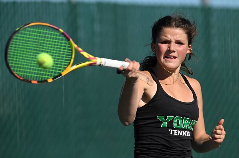 York’s Lizzie Isyanov returns the ball while playing in the championship match of the girls state tennis tournament in October at Hersey High School in Arlington Heights. Plainfield North’s Jessica Kovalicik won 7-6 (8-6) 6-4.