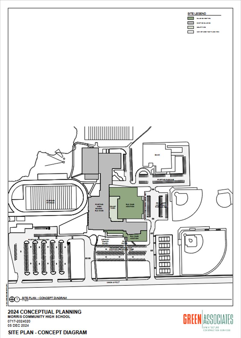 The overall layout of the renovation plans. The green portions of the plan are the new additions.