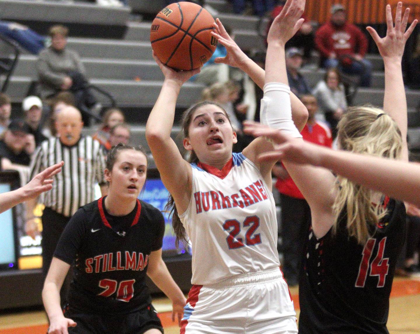 Marian Central’s Ella Notaro takes a shot against Stillman Valley in IHSA Class 2A Sectional girls basketball action at Winnebago Tuesday night.