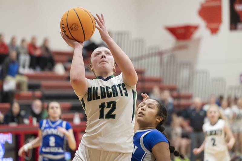 River Ridge’s Laiken Haas put up a shot against Newman Thursday, Feb. 20, 2025, during the Class 1A girls basketball regional at Forreston.
