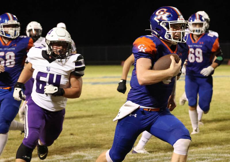 Genoa-Kingston's Nathan Kleba gets around Dixon’s Tyler Zepezauer during their game Friday, Sept. 20, 2024, at Genoa-Kingston High School.