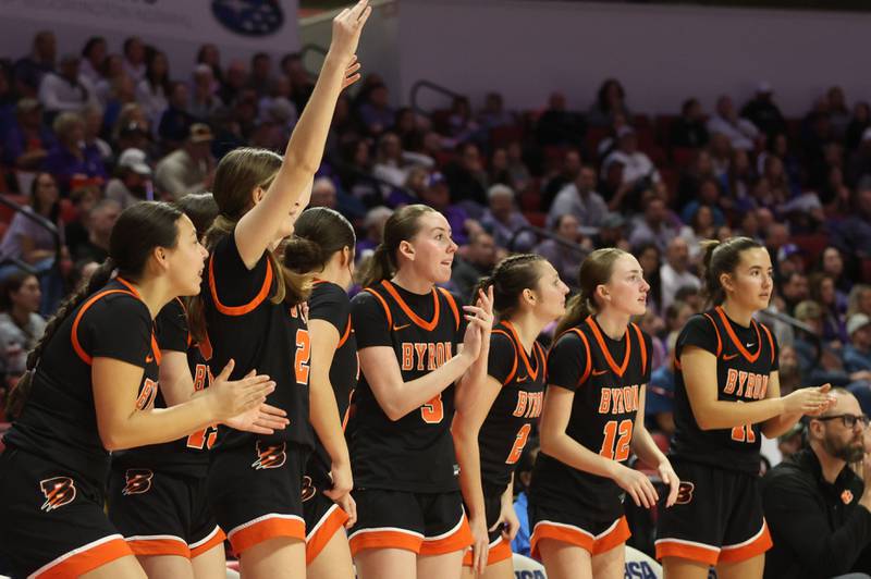 Members of the Byron girls basketball team react after scoring against Breese during the Class 2A title game on Saturday, March 7, 2026 at CEFCU Arena in Normal.