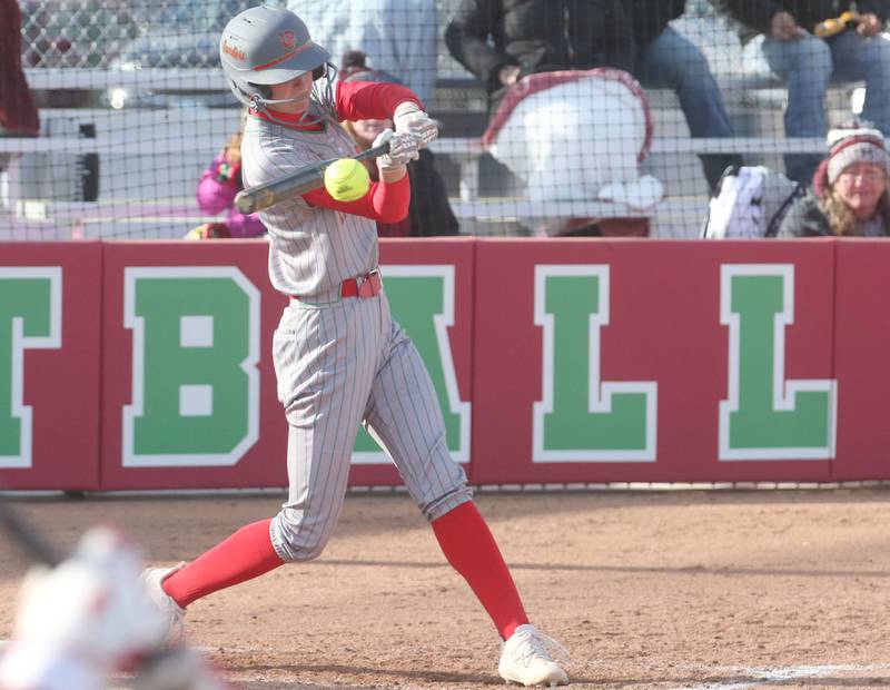 L-P's Kelsey Frederick smacks a double against Morris on Monday, April 7, 2025 at the L-P Athletic Complex in La Salle.