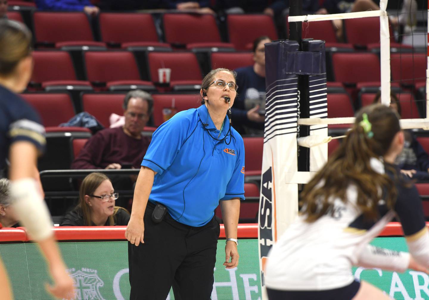 Robin Keane of Mt. Morris officiates the Columbia vs. Rockford Christian match during a 2A semifinal of the state volleyball tournament at Illinois State University on Friday and Saturday, Nov. 14, 2025.