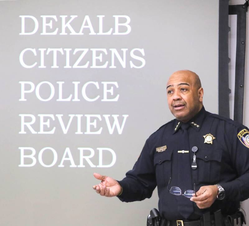 DeKalb Police Chief David Byrd talks about the duties of the newly-formed DeKalb Citizens Police Review Board during the first meeting of the board Thursday, Feb. 3, 2022, at the DeKalb Police Department.