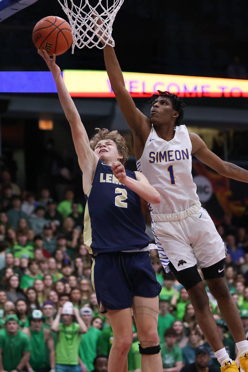 Lemont’s Rokas Castillo lays in a shot against Simeon in the Class 3A super-sectional at UIC. Monday, Mar. 7, 2022, in Chicago.